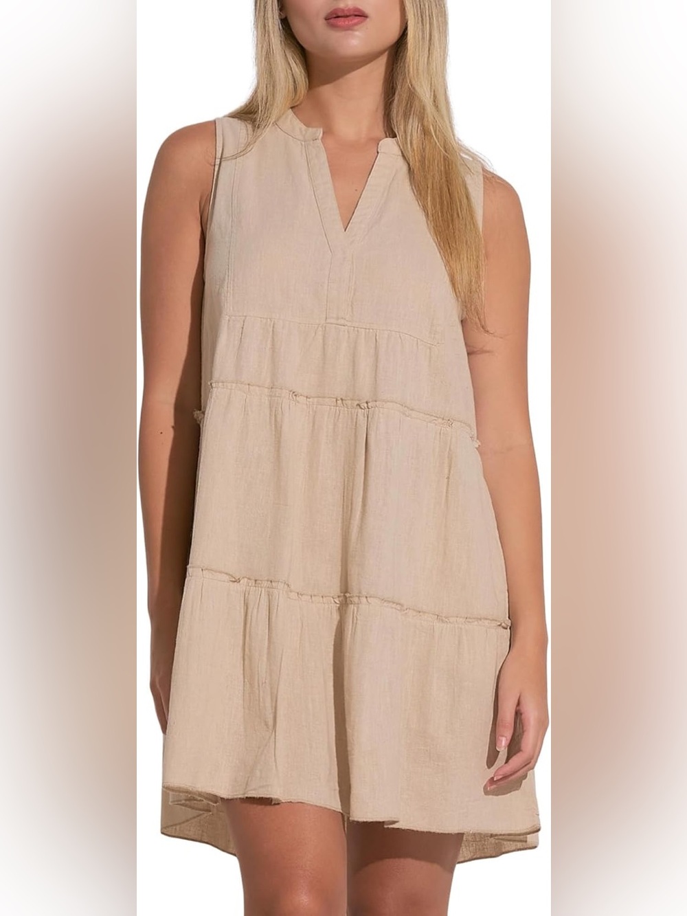Elan Beige Linen Flax Tier Dress